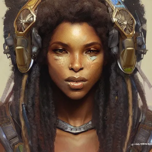 Image similar to portrait of a beautiful blackwomen fanatasy warrior MTG iluustration, intricate, headshot, highly detailed, digital painting, artstation, concept art, cinematic lighting, illustration, art by artgerm and greg rutkowski, alphonse mucha, cgsociety, science fiction