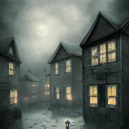 Prompt: Stunning 35mm empty town by Ejsing, Jesper. Full of ghostly children floating above the houses, photography, surrealism, dark, fantasy, Digital Art, Crewdson, Gregory