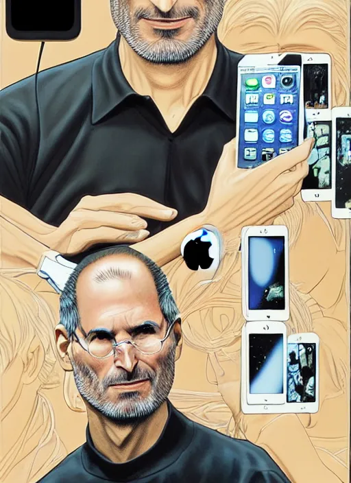 Image similar to steve jobs revealing the iphone at wwdc, manga 8 k, color, by katsuhiro otomo and hiroya oku and makoto yukimura