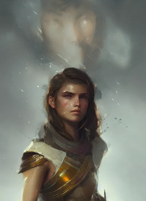 Image similar to A portrait of the warrior daughter in the style of in the style of Greg Rutkowski, heavenly bright light, style of Charles Sillem Lidderdale, artstation