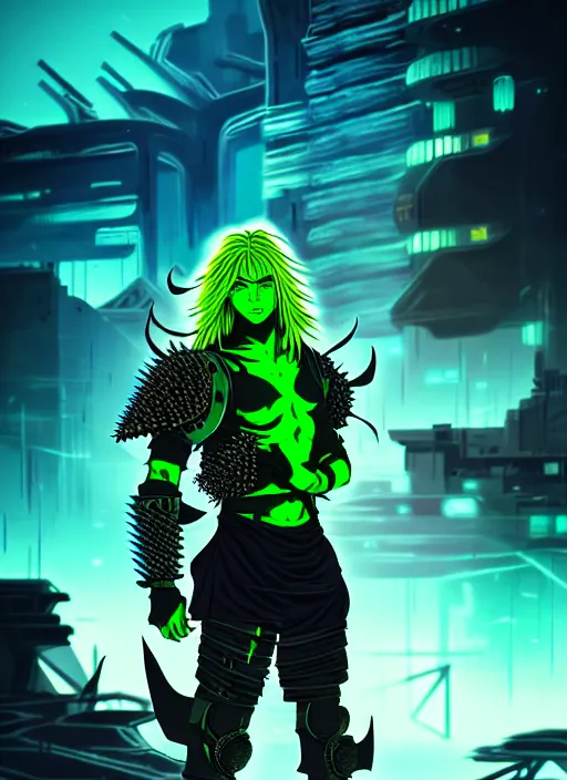 Image similar to a striking cinematic full body manga portrait of a male warrior with long blonde hair and blue eyes wearing evil green spiked cyberpunk armour and standing in the desolate burning ruins of a futuristic city by hirohiko araki and beeple, fine details, digital art, character concept art, volumetric lighting, cinematic light, photorealistic