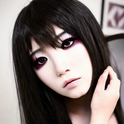 Prompt: japanese girl with emo makeup and long hair, bangs