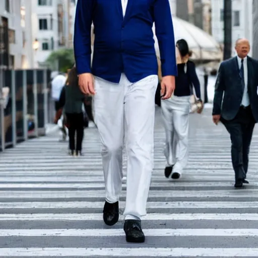 Image similar to a giant middle aged balding blue eyed white man dressed in a white shirt, gray pants and black dress shoes walking in a miniature city