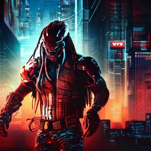 Image similar to high quality photo of The Predator in a cyberpunk cyberpunk cyberpunk city, realism, 8k, award winning photo