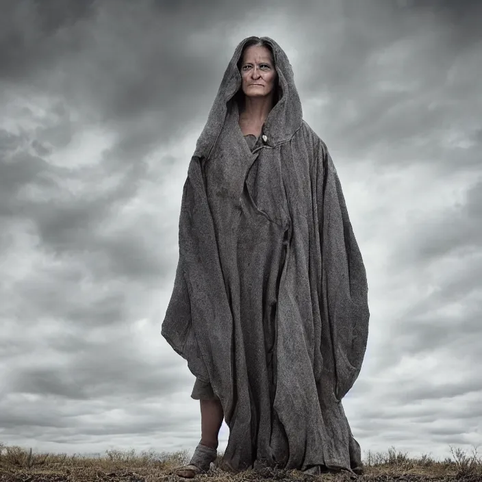 Image similar to closeup portrait of a woman wearing a cloak made of clouds, standing in a desolate abandoned house, by Annie Leibovitz and Steve McCurry, natural light, detailed face, CANON Eos C300, ƒ1.8, 35mm, 8K, medium-format print