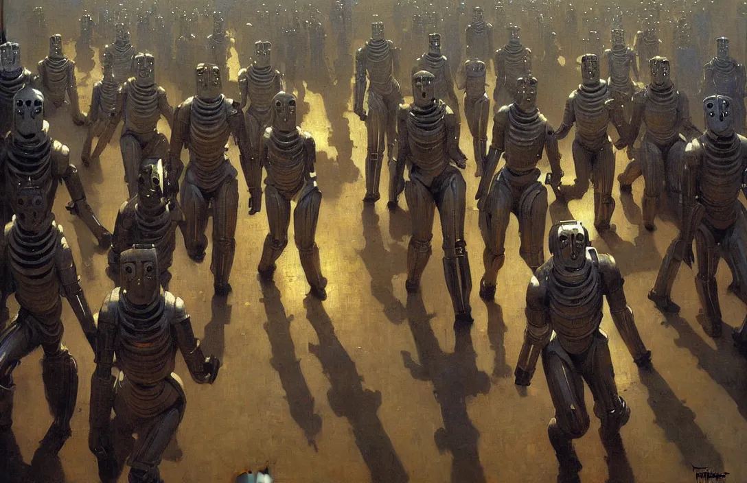 Prompt: march of the cybermen, detailed painting, epic lighting, by ilya repin, phil hale and kent williams