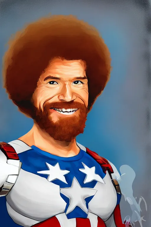 Prompt: Bob Ross as Captain America, digital painting