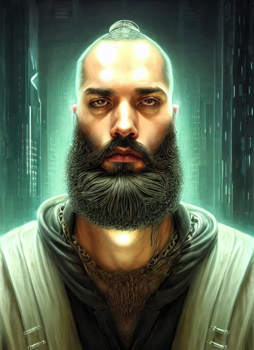 Image similar to portrait of a cyberpunk bearded king, grim - lighting, high - contrast, intricate, elegant, highly detailed, centered, digital painting, artstation, concept art, smooth, sharp focus, illustration, artgerm, tomasz alen kopera, peter mohrbacher, donato giancola, joseph christian leyendecker, wlop, boris vallejo