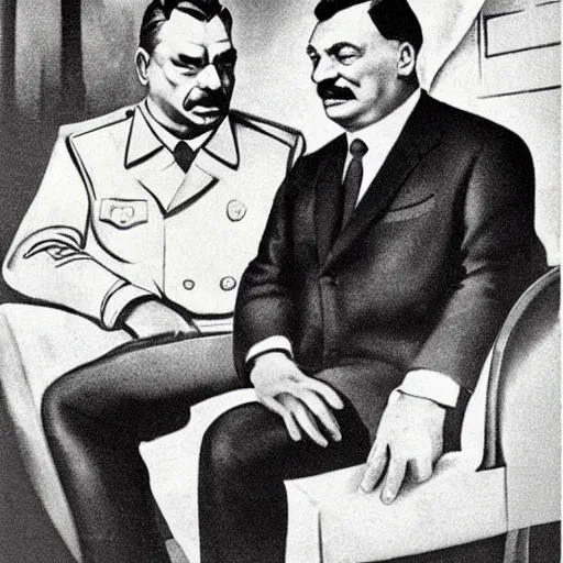 Prompt: hungarian prime minister viktor orban sits on stalin's lap, soviet propaganda poster art, highly detailed, colored