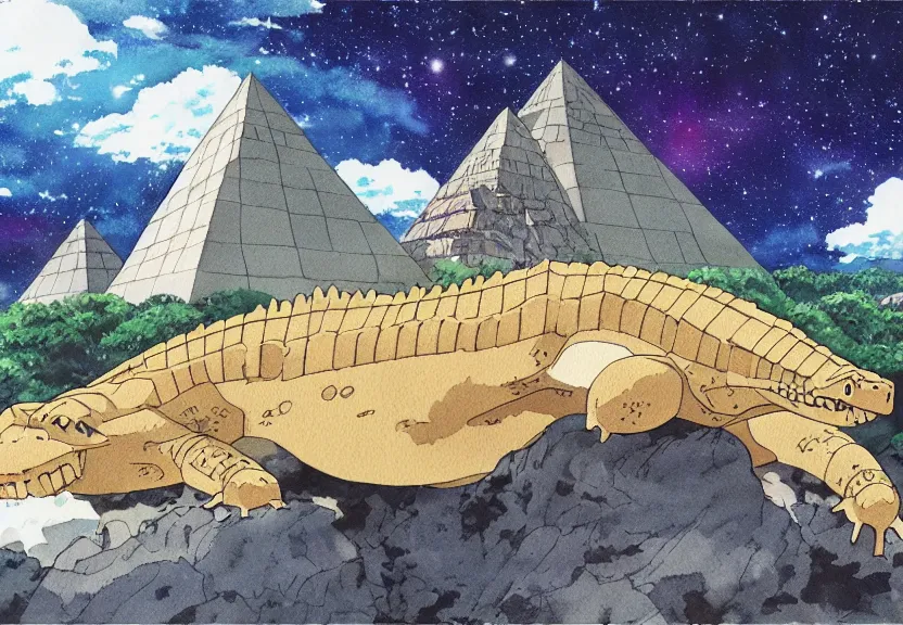 Prompt: a hyperrealist watercolor concept art from a studio ghibli film showing a giant beige mechanized crocodile from howl's moving castle ( 2 0 0 4 ). a pyramid is under construction in the background, in the rainforest on a misty and starry night. by studio ghibli