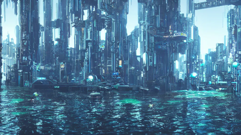 Image similar to cyberpunk city built underwater, made in blender, octane render, cinematic, volumetric lighting, flooded, futuristic,, hyperrealistic, highly detailed, 4 k hd