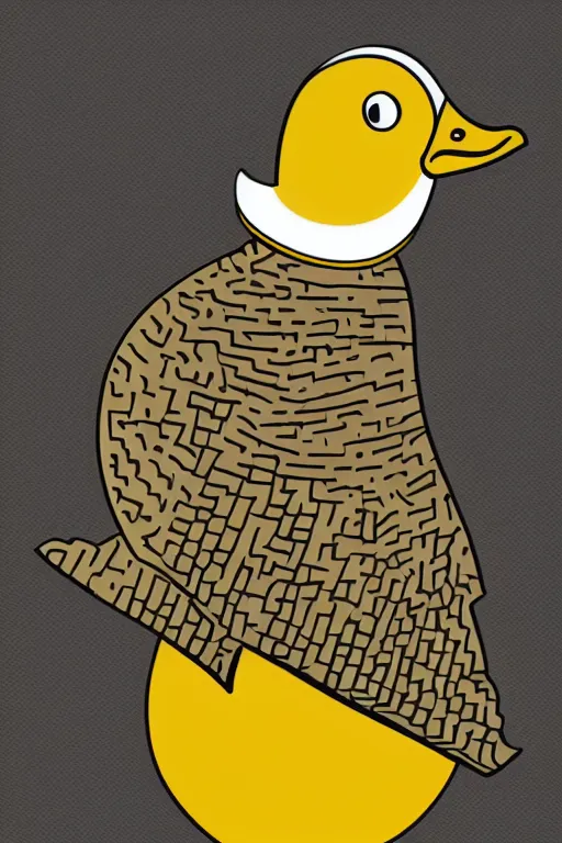 Image similar to a vector based illustration about a duck that is a knight in the style of die cut sticker, negative space is mandatory, no gradients, black ink on white background, smooth curves, vector spline curve style
