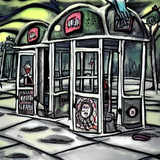 Prompt: painting of a bus stop by dr seuss | horror themed | creepy