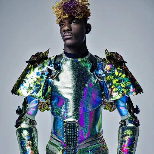 Prompt: a portrait of a beautiful young male wearing an alexander mcqueen armor made of holographic flowers , photographed by andrew thomas huang, artistic