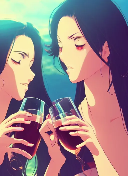 Prompt: two beautiful mothers drinking on a hot summer evening, gorgeous faces, thick lines, cinematic lighting, detailed anime art