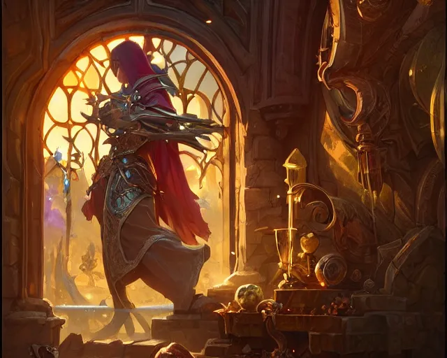 Image similar to shop window for magical weapons, close up shopkeeper, magic sword, deep focus, d & d, fantasy, intricate, elegant, highly detailed, digital painting, artstation, concept art, matte, sharp focus, illustration, hearthstone, art by artgerm and greg rutkowski and alphonse mucha