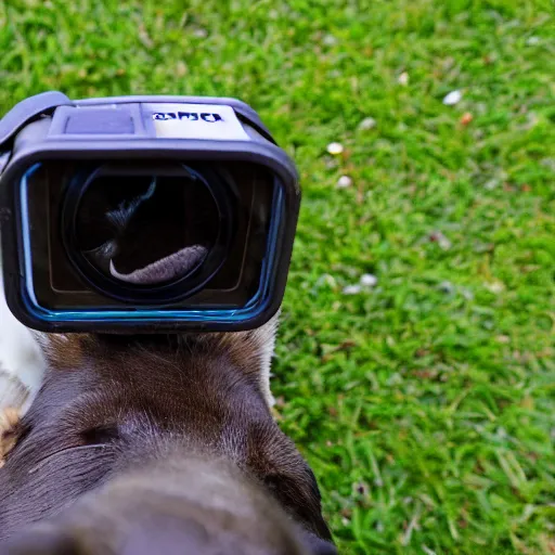 Image similar to dog sniffing camera, close-up, gopro image, worm's-eye view