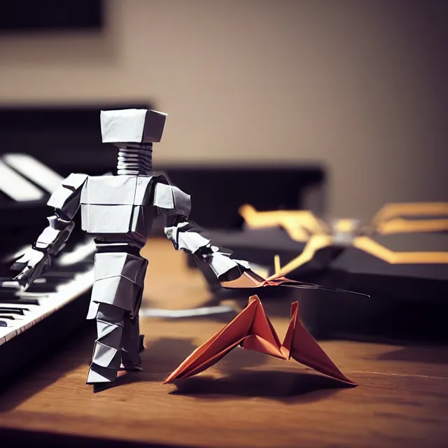 Prompt: a photograph of an origami of a cool robot playing a roland synthesizer on top of a wooden table