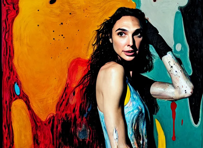 Prompt: portrait of gal gadot in fear, by vincent lefevre and hernan bas and pat steir and hilma af klint, psychological, photorealistic, dripping paint, washy brush, rendered in octane, altermodern, masterpiece