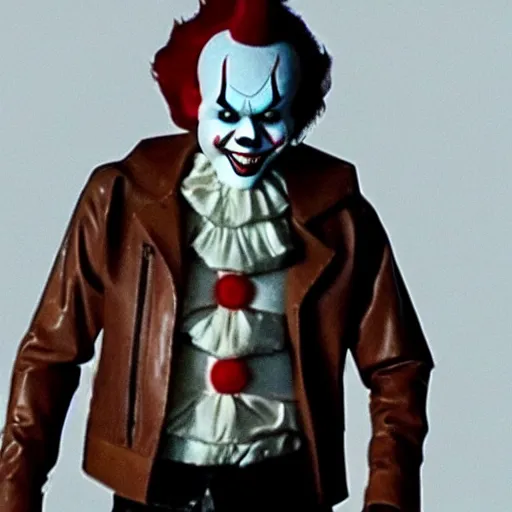 Image similar to blurry film grain still of a man wearing a leather jacket and white shirt wearing a latex pennywise mask