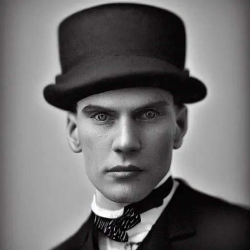 Image similar to A photograph portrait of Jerma985 wearing a bowler hat in the early 1920s, taken in the early 1920s, grainy, taken on a early 1900s Kodak Camera, realistic, hyperrealistic, very realistic, highly detailed, very detailed, extremely detailed, detailed, digital art, trending on artstation