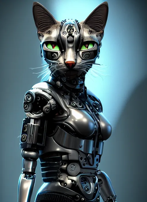 Image similar to 35mm portrait of a sophisticated intricate terminator feline cat head. Fantasy cyberpunk. Sharp. Unreal Engine. Cinematic post-processing