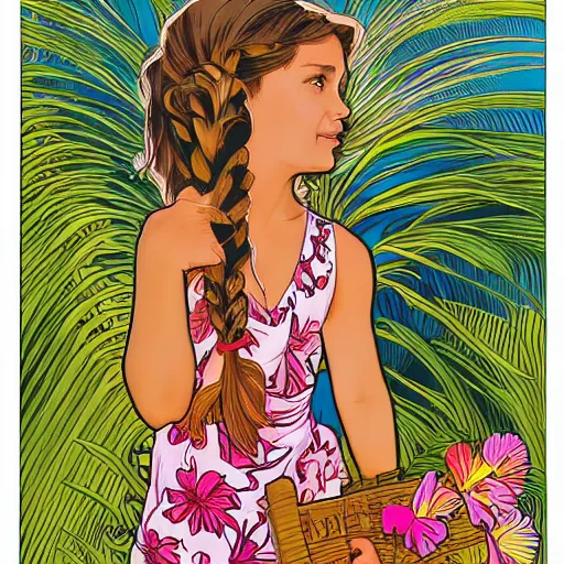 Prompt: a five - year - old girl with brown eyes and brown hair in a braid, wearing a hawaiian dress, dancing on a tropical beach, portrait, wide shot, midday light, bright colors, illustration, pop art, splash painting, graphic novel, art by geof darrow, ashley wood, alphonse mucha