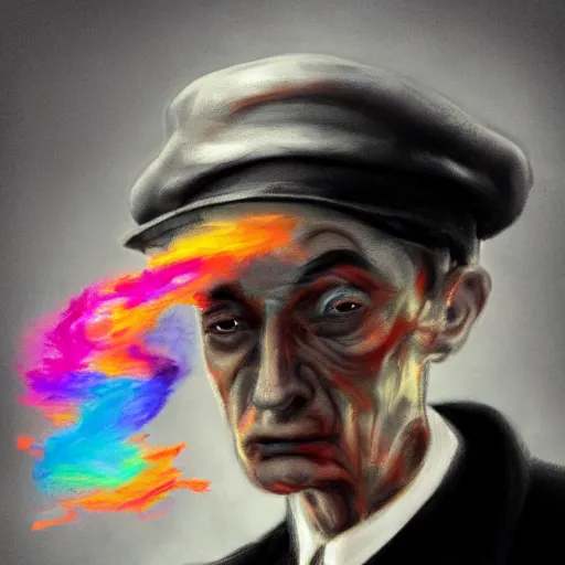 Prompt: Oppenheimer with hat made of colorful smoke, hazy, atmospheric, inspiring digital art, award winning, artstation,