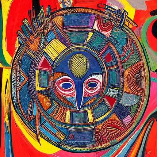 Prompt: Abstract expressionist painting detailed intricate patterns of African tribal masks