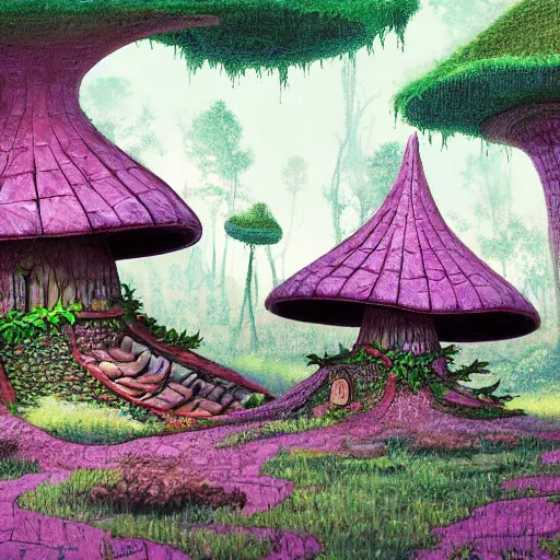 Image similar to concept art painting of a interior of a circular fantasy fungus house made of mushrooms, with black vines, realistic, detailed, cel shaded, magenta and gray, dark, in the style of makoto shinkai and greg rutkowski and james gurney