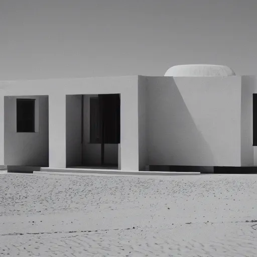 Prompt: A house designed by Miles Van Der Rohe in the middle of the sahara desert. Film Grain, colorized.