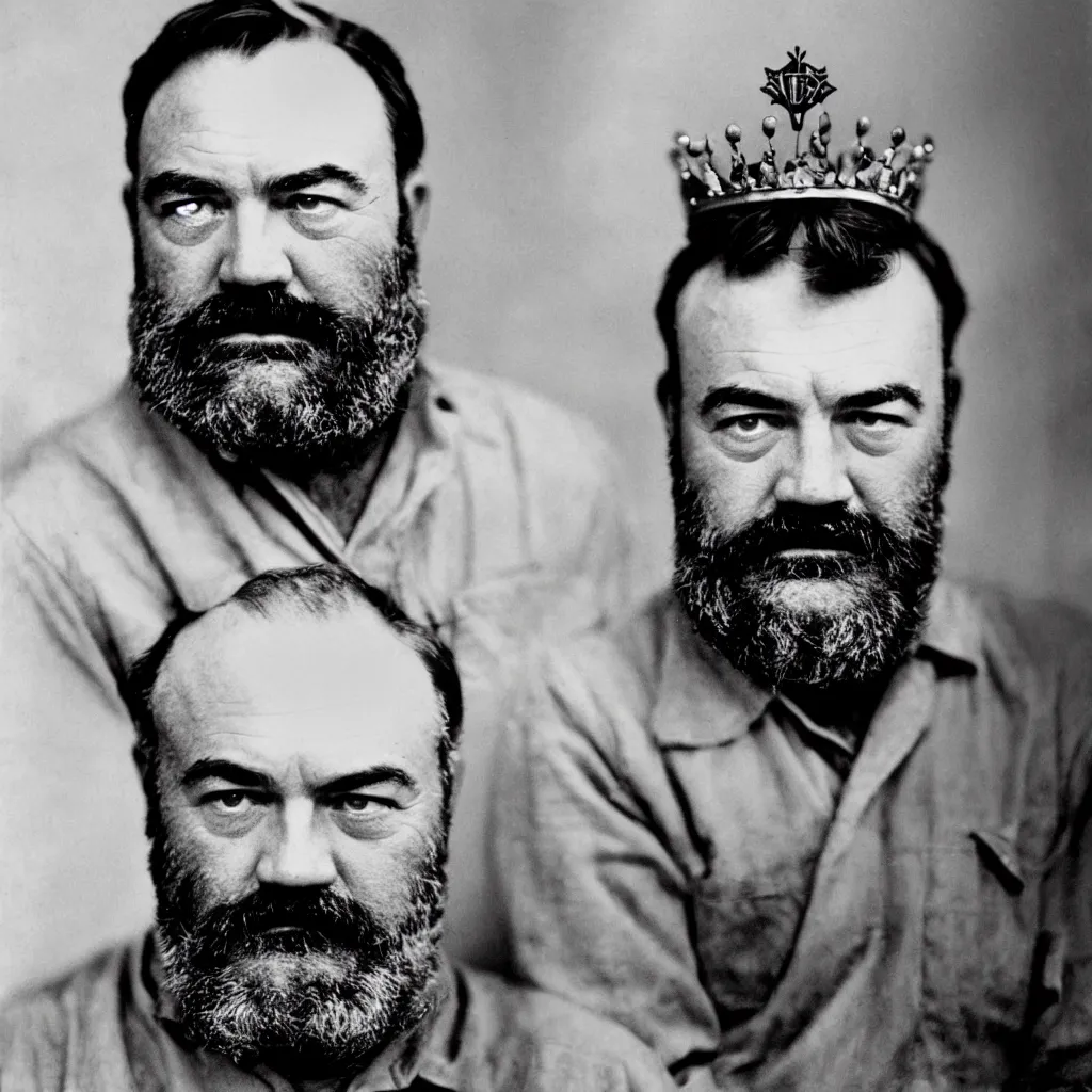Prompt: An Alec Soth portrait photo of Ernest Hemingway wearing the crown of Macbeth