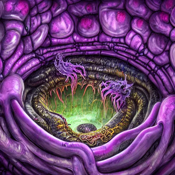 Prompt: detailed shot inside a goddess dragon's cavernous synthetic stomach, the walls purple and pulsing, slimy and hot, lots of acid pooling up on the floor, digesting a bunch humans that ended up inside, food pov, micro pov, vore, digital art, furry art, high quality, 8k 3D realistic, macro art, micro art, Furaffinity, Deviantart, Eka's Portal, G6