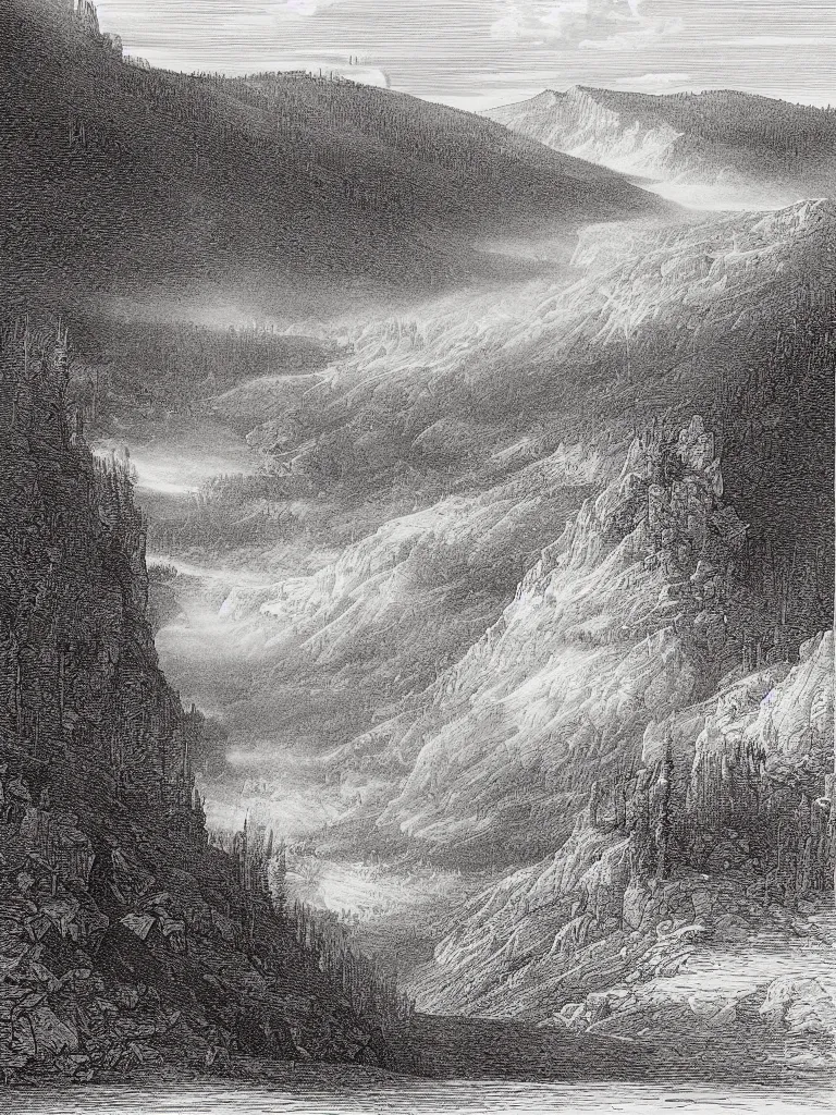 Prompt: an engraving of yellowstone national park by gustave dore and albrecht durer highly detailed, fog, depth, lithograph engraving