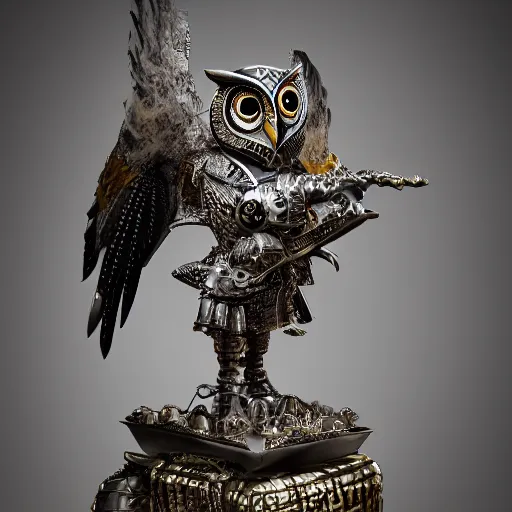 Image similar to warrior with metal ornate owl armour, highly detailed, 4k, HDR, smooth, sharp focus, hyper realistic, high resolution, award-winning photo