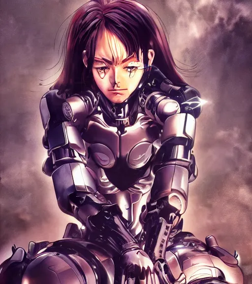 Image similar to manga anime tired damaged cyborg girl angry crouching detailed rendering realistic drawing painting hd key visual official media with frank Miller Alex Ross giger style trending Instagram