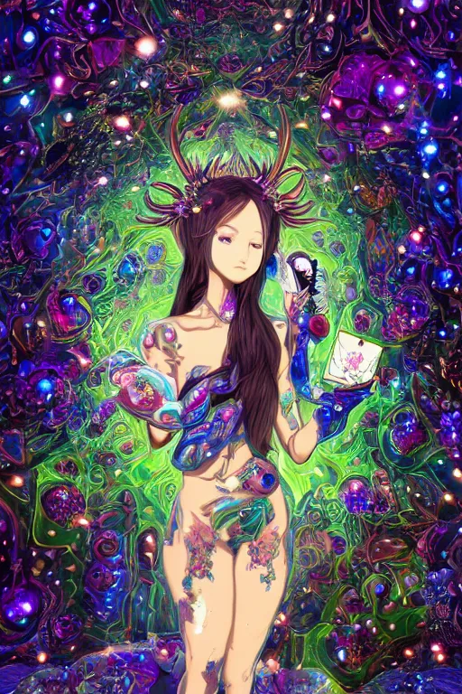 Image similar to acid trip, hall of mirrors, intricate, highly detailed, anime, 4k, a beautiful seductive deer woman holding a crystal containing the universe, with professional makeup, long trippy hair, surrounded by gems, underneath the stars, trending on patreon, deviantart, twitter, artstation, volumetric lighting, heavy contrast, by artgerm and Ilya Kuvshinov and alphonse mucha