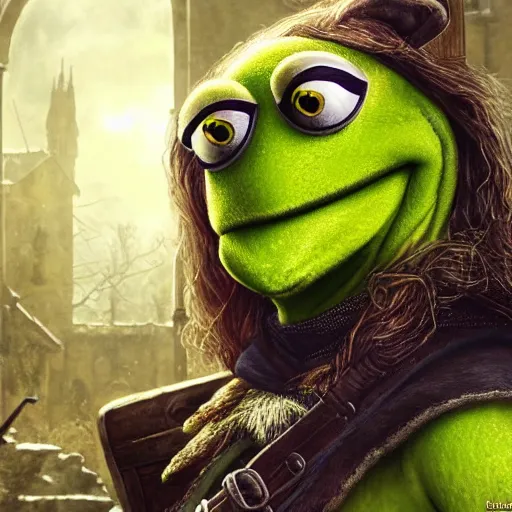 Image similar to Epic Masterpiece head and shoulders portrait of Kermit the frog as Geralt in the Witcher 3 Wild Hunt drawn by Donato Giancola and Tom Bagshaw, Edmund Leighton, Alphonse Mucha, background out of focus tavern, 4k, volumetric lighting, komorebi, trending on artstation, octane render, hyperrealistic