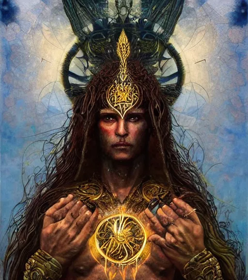 Image similar to I am the warrior Lord of the three worlds of existence, the manifest Lord of the glorious Lord’s manifestation. I am alive, and I am rejuvenated. Be strong,, and be prepared. Strive hard and become a chosen one. the seven stars are mine, portrait, overgrowth and dark flowers by karol bak, WLOP, James Jean! , tom bagshaw, rococo, trending on artstation, fantasy, elegant, highly detailed, digital painting, concept art, smooth, sharp focus, illustration, cinematic lighting, hyper realism, octane render, 8k, hyper detailed.