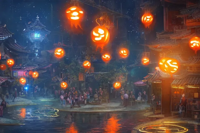 Image similar to fantasy art of glowing goldfish swimming in the air, in the streets of a japanese town at night, with people watching in wonder, by fenghua zhong, highly detailed digital art, trending on artstation