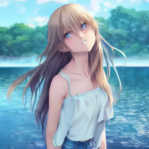 Image similar to a very beautiful anime girl, full body, long wavy blond hair, sky blue eyes, full round face, short smile, cute top, short jeans, summer lake setting, cinematic lightning, medium shot, mid-shot, highly detailed, trending on Artstation, Unreal Engine 4k, cinematic wallpaper by Stanley Artgerm Lau, WLOP, Rossdraws, James Jean, Andrei Riabovitchev, Marc Simonetti, and Sakimichan