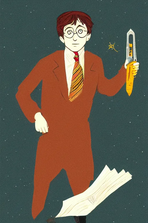 Prompt: an illustration of harry potter holding a pistol in the style of goodnight moon by margaret wise brown