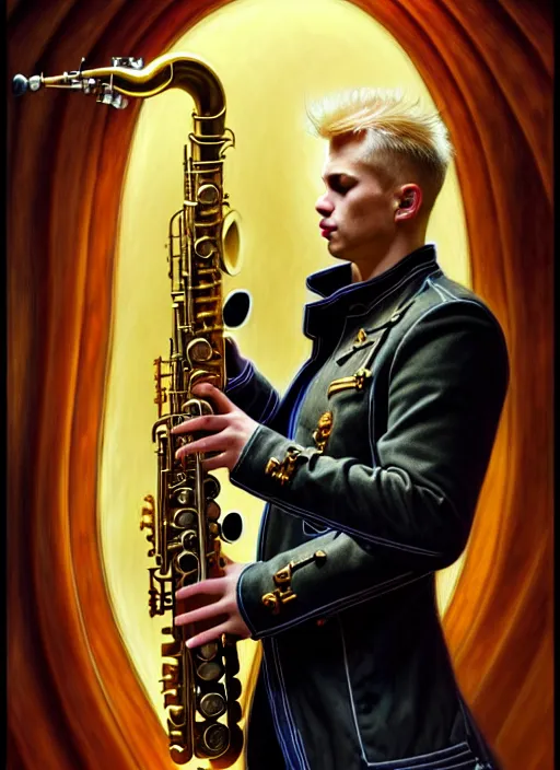 Prompt: portrait of a blond man playing sax, warhammer 40000, cyberpunk, intricate, elegant, highly detailed, digital painting, artstation, concept art, smooth, sharp focus, illustration, art by artgerm and greg rutkowski and alphonse mucha and Gustav Klimt and Kojima_Amano and Karol_Bak