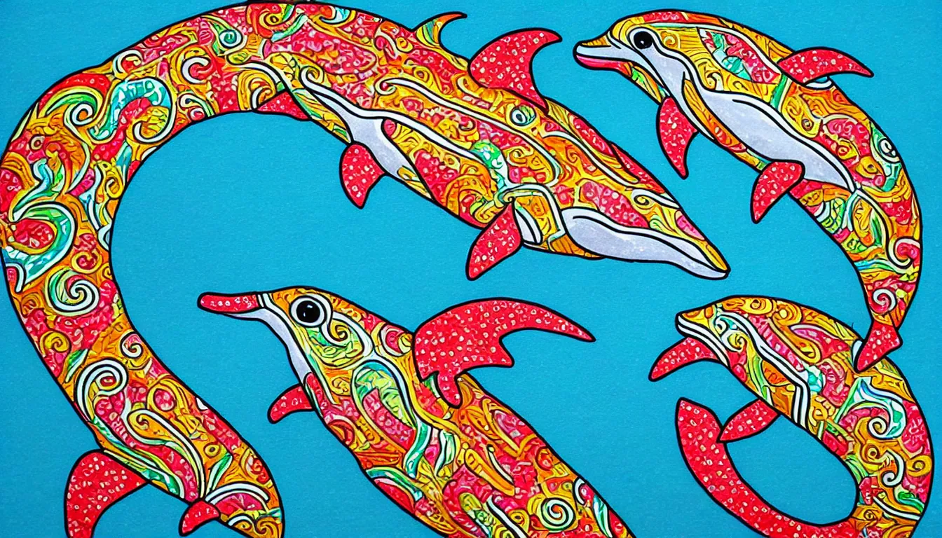 Image similar to a realistic dolphin in the style of mexican folk art