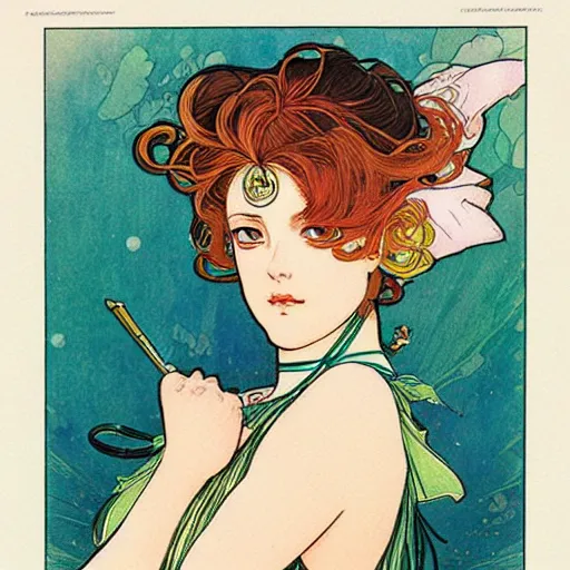 Prompt: the sailor jupiter. beautiful, realistic painting by mucha and kuvshinov and bilibin. fine details, intricate, watercolor