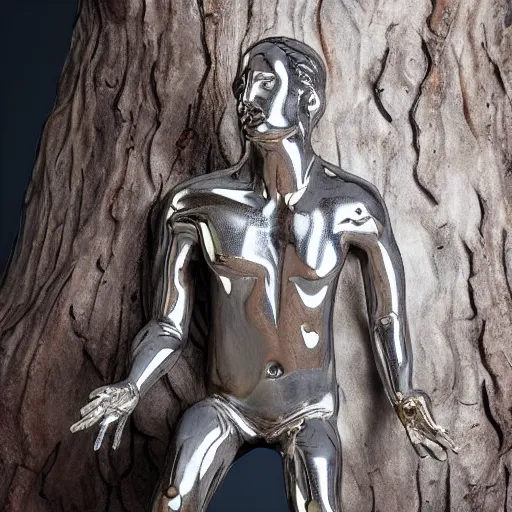 Image similar to a human man statue stuck in a cosmic tree, a sense of awe, amazement, monogon, plasma display, wooden, silver, mercury, damascus, armature wire, multiscopy, morph, in a symbolic and meaningful style, insanely detailed and intricate, hypermaximalist, elegant, ornate, hyper realistic, super detailed,