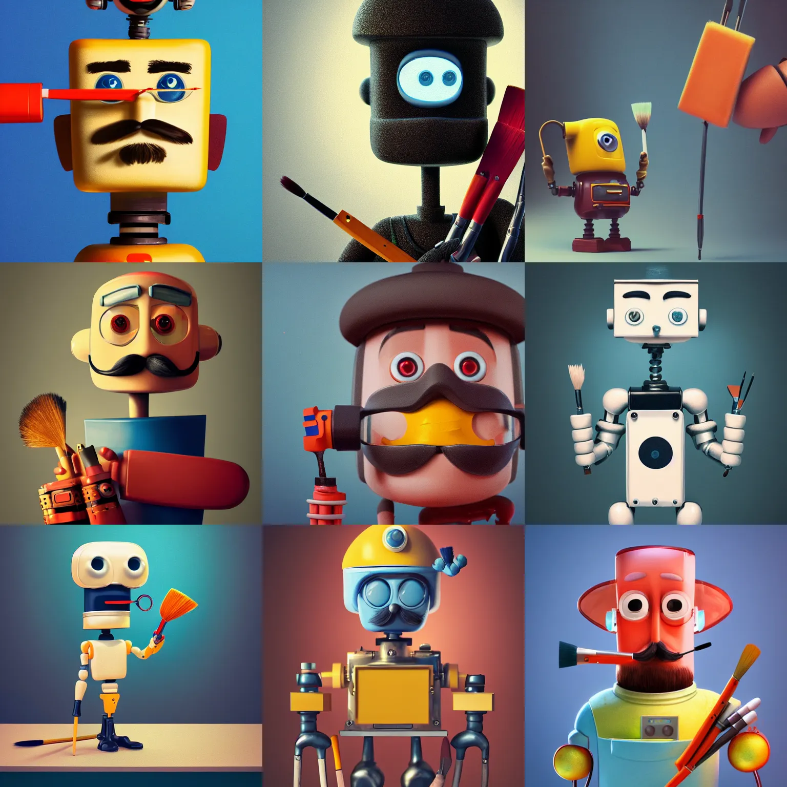 Prompt: portrait of painter cute robot with moustache, holding paintbrushes, cute, pixar, 4 k, octane render, clean design, beautiful light