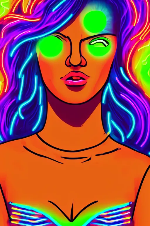 Prompt: a award winning half body portrait of a beautiful woman with stunning eyes in a croptop and cargo pants with smoke for hair in rainbow colors, outlined by whirling illuminated neon lines, outrun, vaporware, shaded flat illustration, digital art, trending on artstation, highly detailed, fine detail, intricate