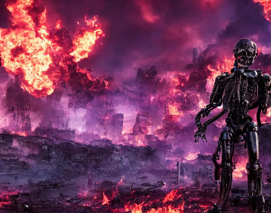 Image similar to terminator with purple flaming skull, destroyed town on background, fantasy artwork, very beautiful scenery, hd, hdr, ue 5, ue 6, unreal engine 5, cinematic 4 k wallpaper, 8 k, ultra detailed, by popular digital, details, beautiful image ever created, high resolution, artstation, award winning