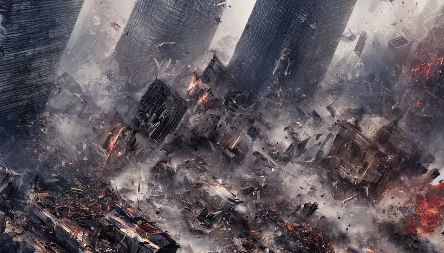Prompt: movie poster of new york city destroyed bu tornado, fire, debris, destruction, hyperdetailed, artstation, cgsociety, 8 k